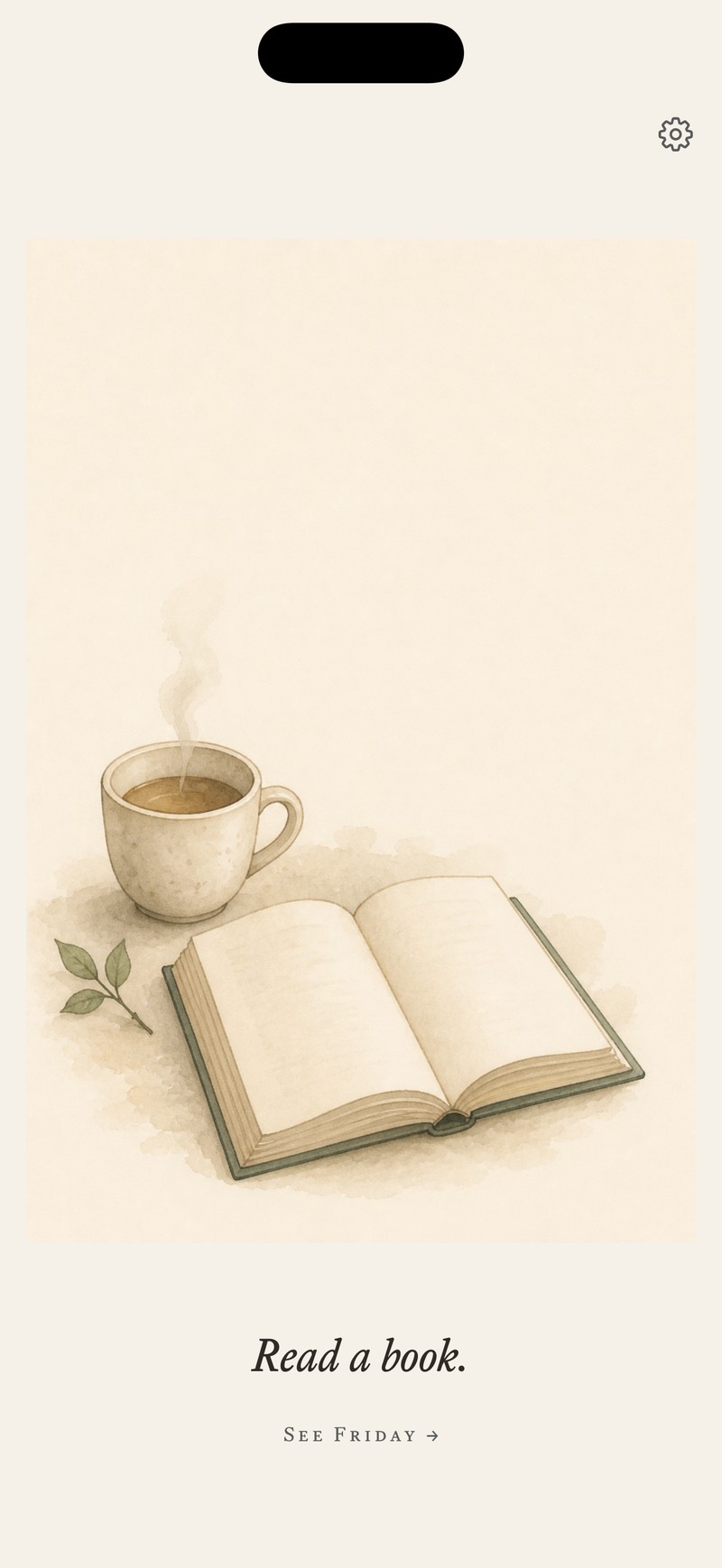 Rest-day scene — watercolor of an open book and a steaming cup of tea, with the line &lsquo;Read a book.&rsquo;